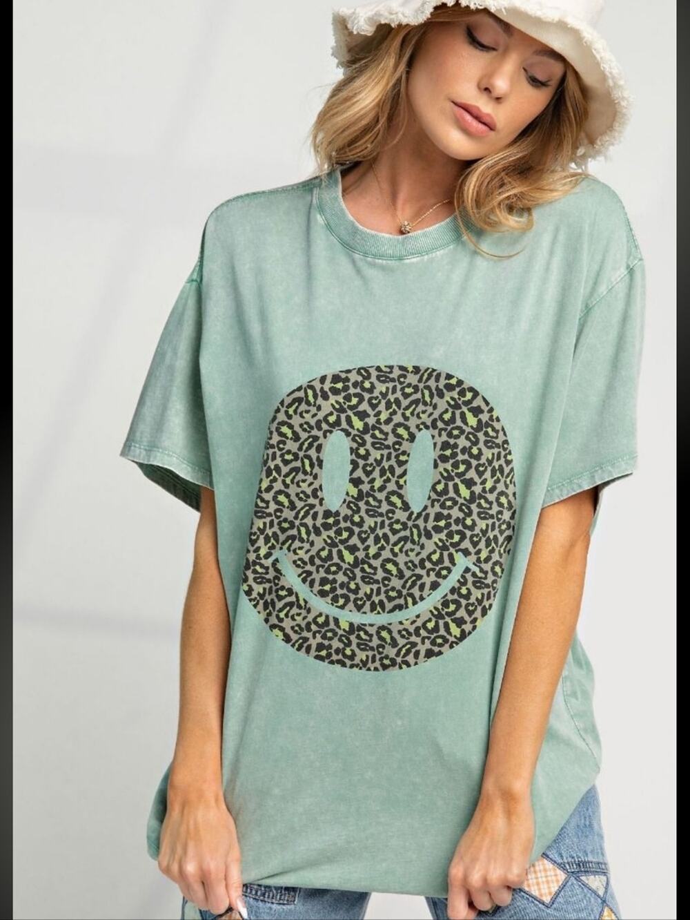 182 | Sage Animal Print Happy Graphic Tee Shirt